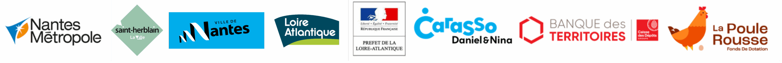 logos de l'ensemble des financeurs du projet : Nantes Métropole, Ville de St-Herblain, Ville de Nantes, Prefecture 44, Fondation Carasso, Banque des territoires, fondation "la poule rousse"